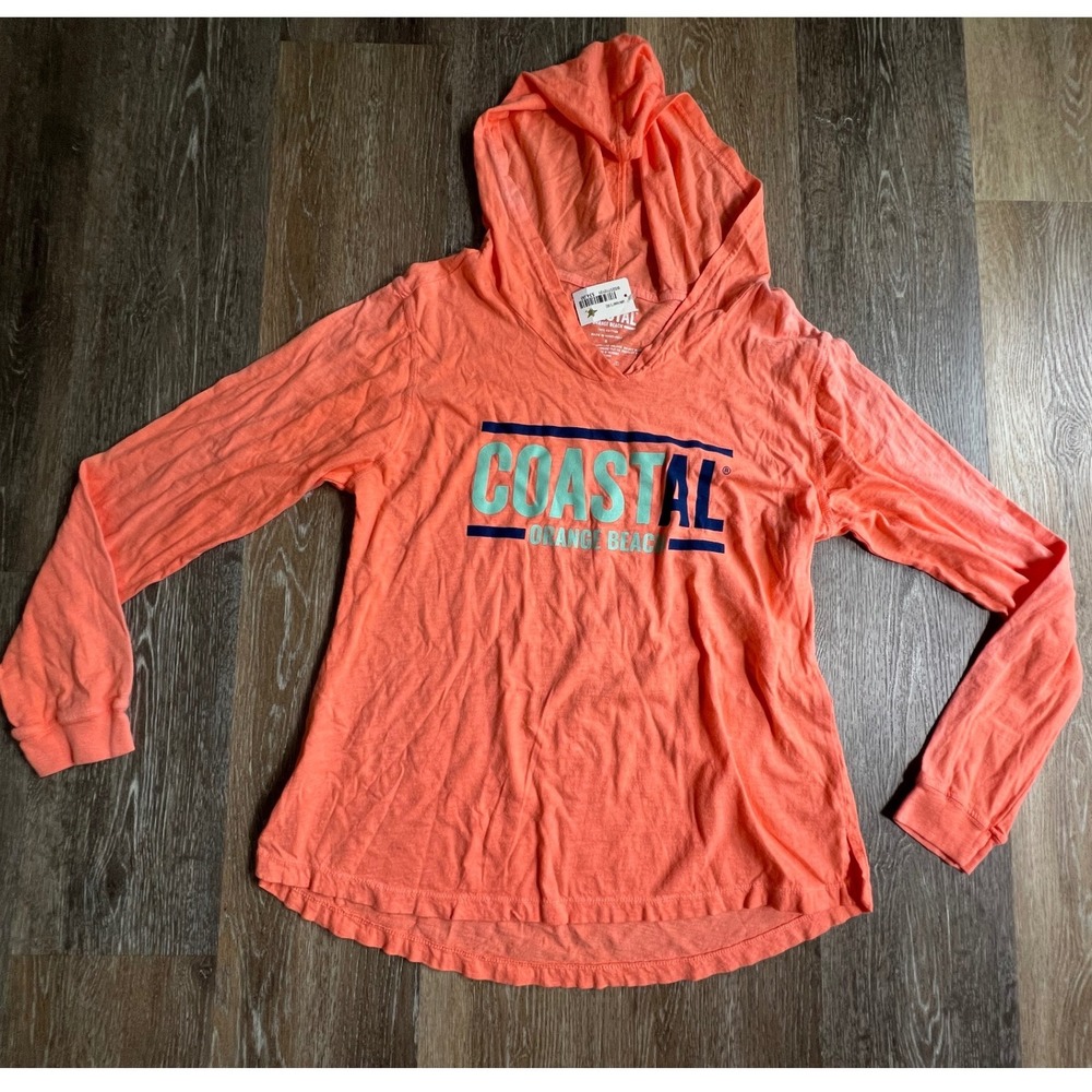 Coastal Hooded T-Shirt Womens Small Orange Beach Long Sleeve Graphic Tee